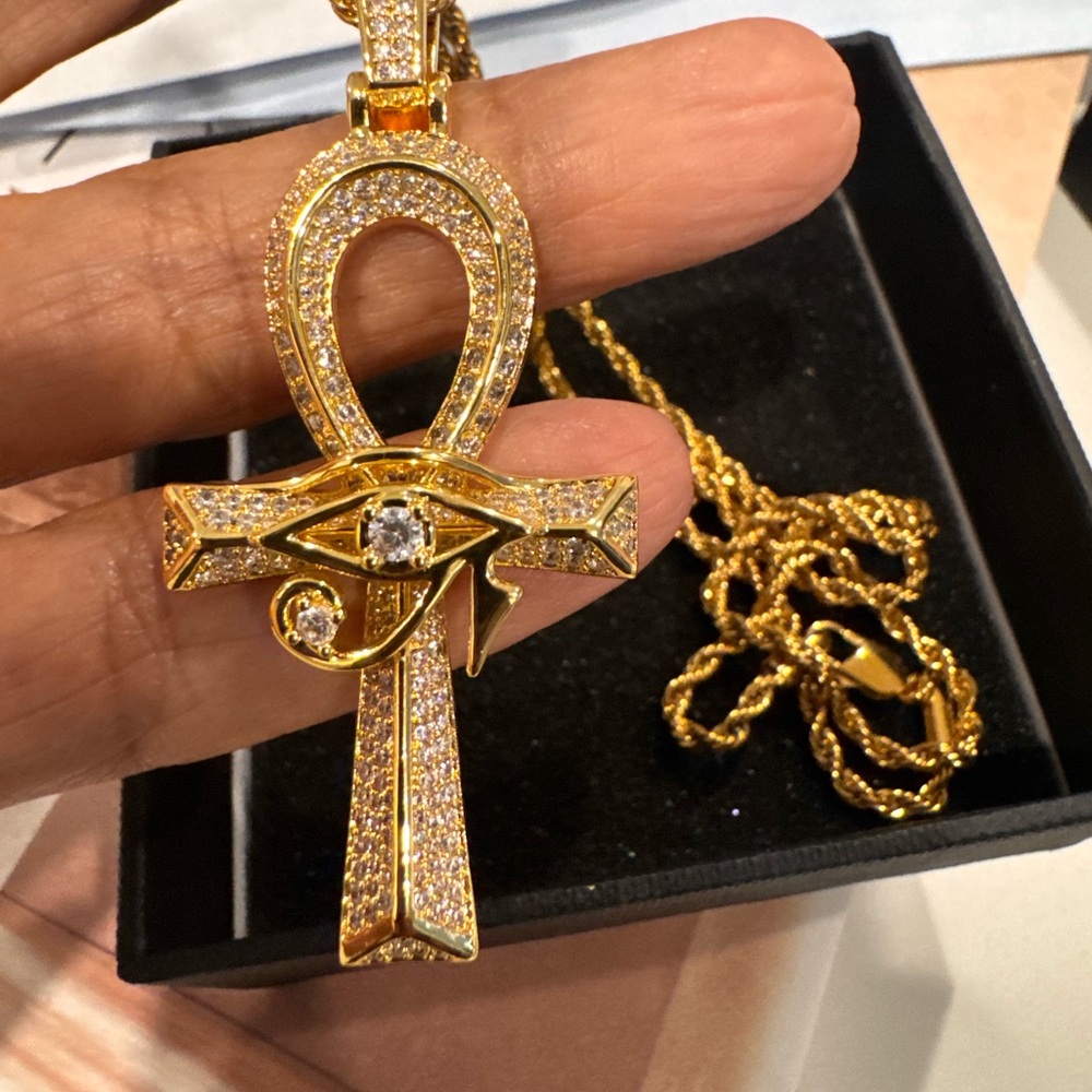 Gold Ankh Pendant Necklace with Eye of Horus Accent - Gold Tone